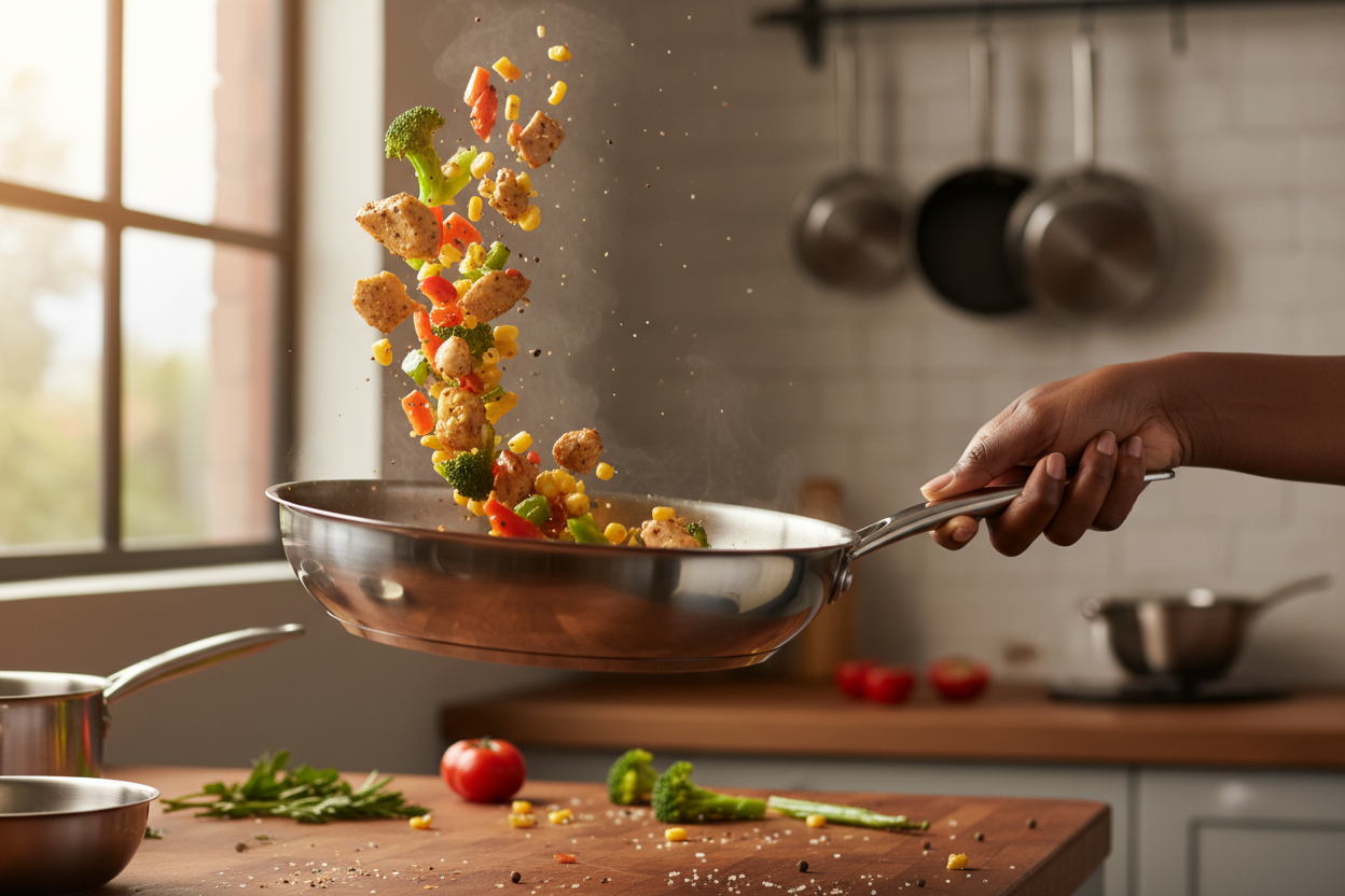 realistic skillet toss with food black woman's hand
